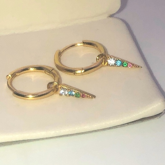 STERLING Silver Gold Tone Mini Huggie Hoop Earrings w Triangle Cz Drop .5” + .4” - Picture 1 of 6